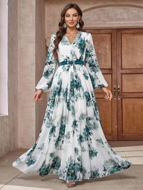 Floral White and Teal Maxi Dress - V-Neck Long Sleeve